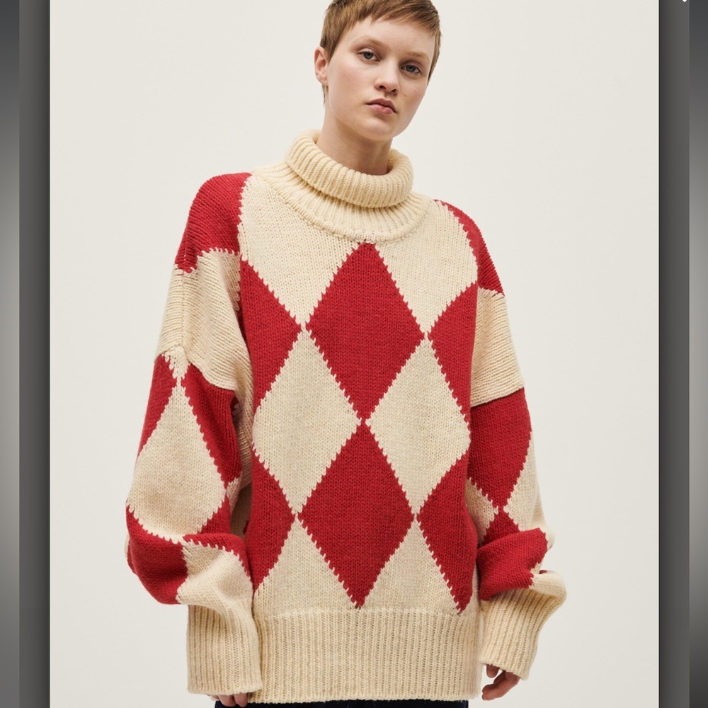 Babaa No. 17 Jumper - Red and Cream Diamond (Dusk) Wool Turtleneck Sweater